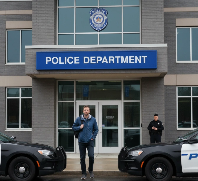 경찰서 앞에 서 고민하는 남자