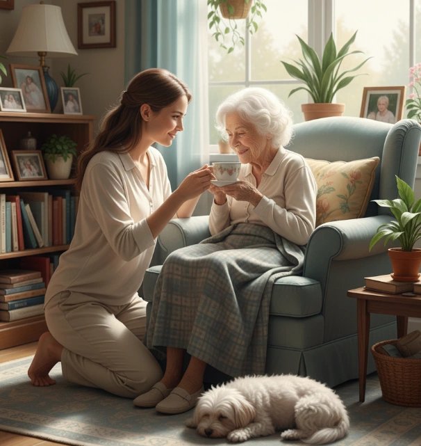 나이드신 할머니를 케어하고 있는 손녀