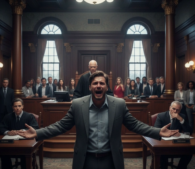 법정에서 억울함을 호소하는 피고인