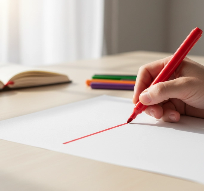 빈 종이에 빨간 줄을 긋고 있는 중