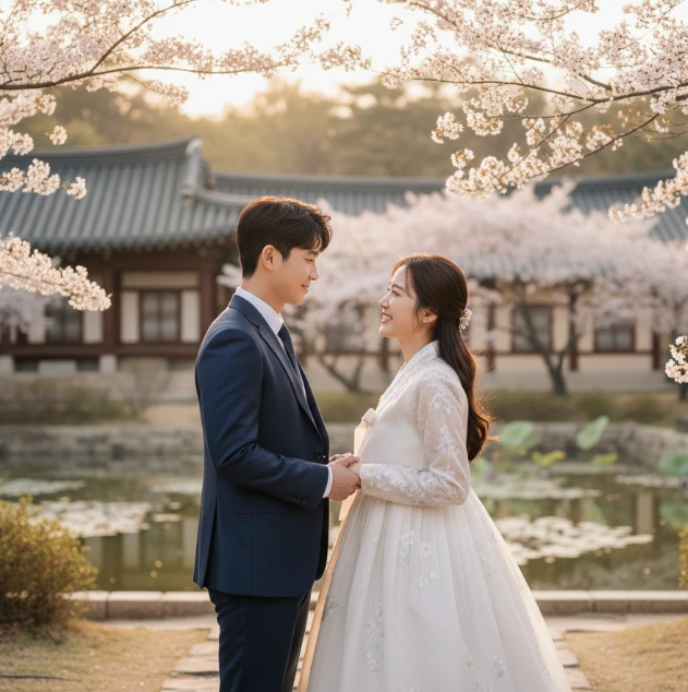 젊은 남녀가 서로 바라보면서 웃고 있는 모습