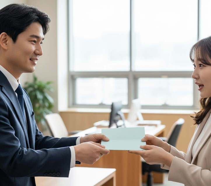 통장을 건네는 남녀